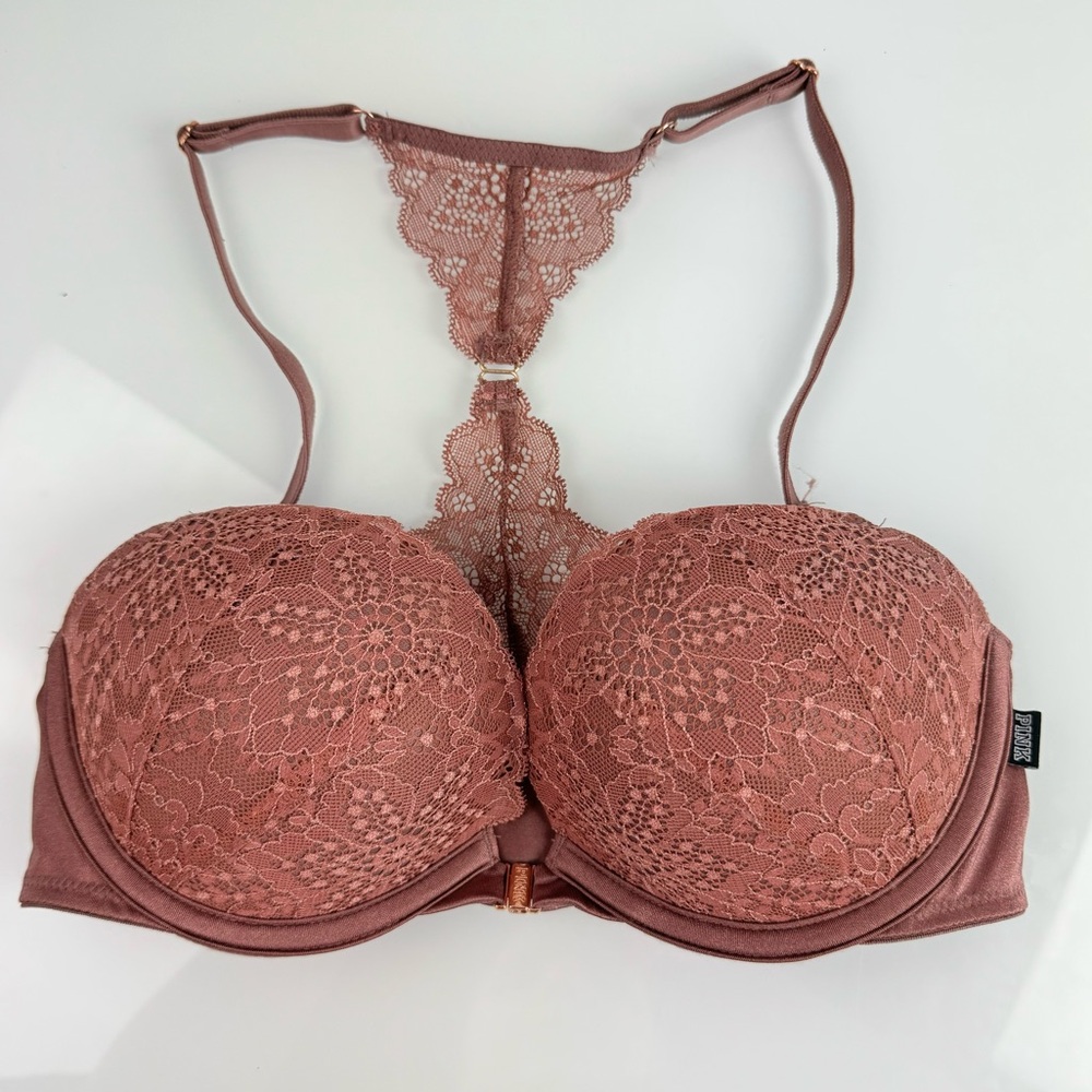 Pink Victorias Secret Bra Date Push Up Lace Racerback Pull‎ On Solid Pink Mauve